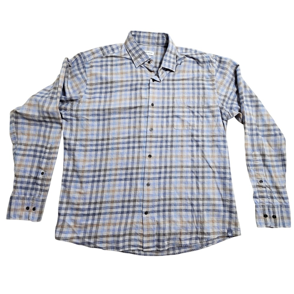 Peter Millar Button Down Shirt Mens Large Blue Tan Plaid Cotton MF23W69LUF